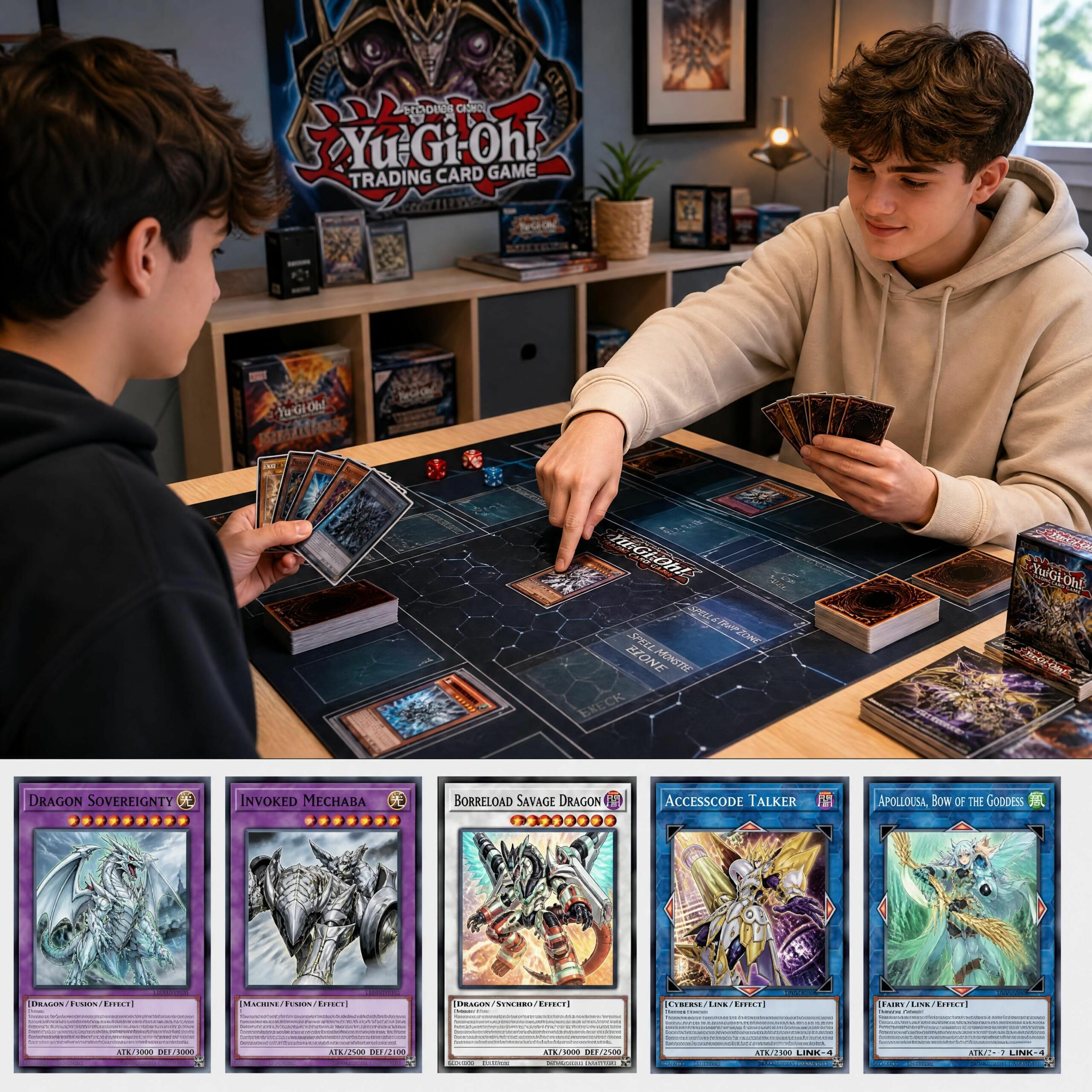 Duel Yu-Gi-Oh! entre deux débutants avec deck de cartes à collectionner, tapis de jeu et monstres de l’Extra Deck